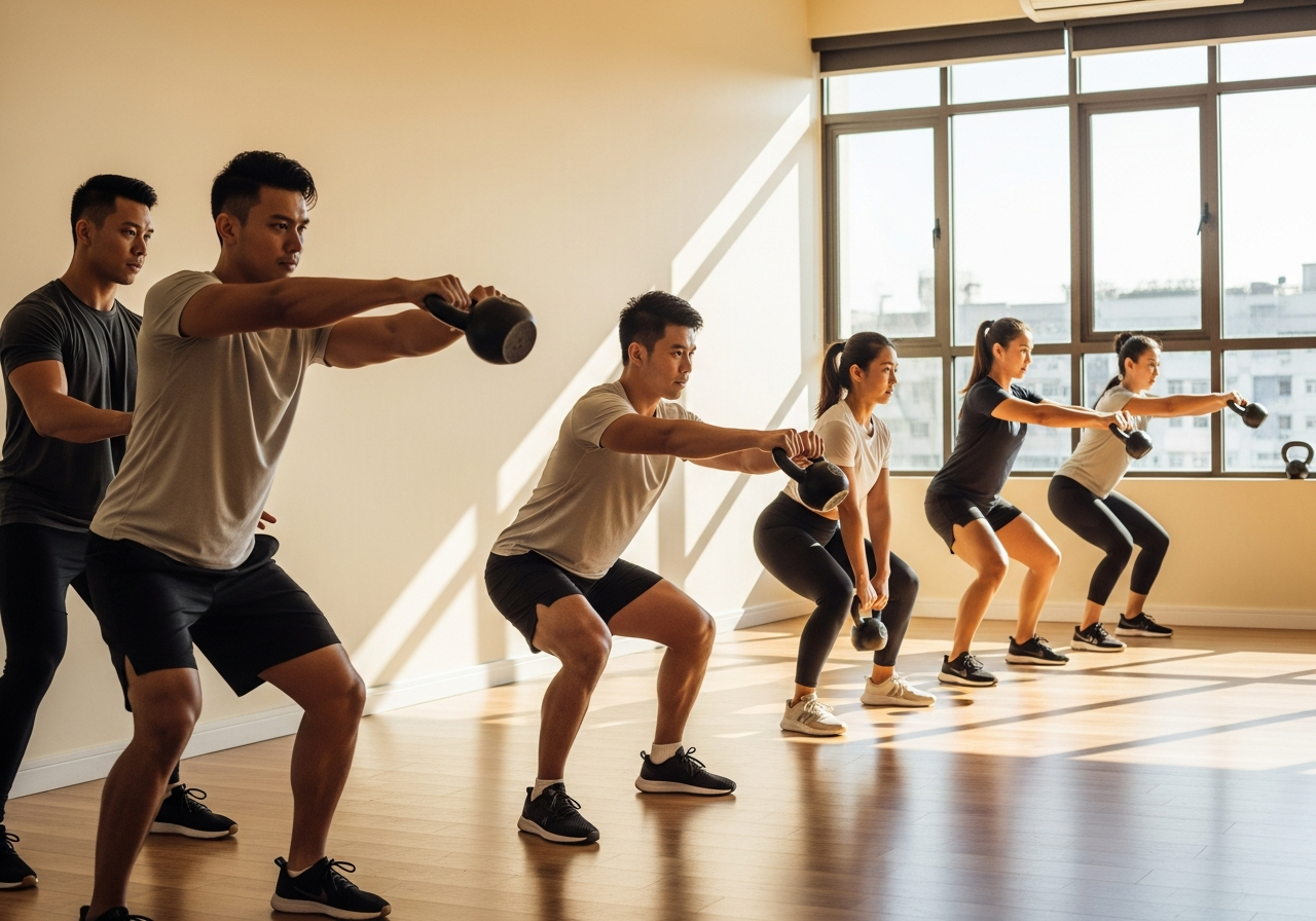 Small group of Fitcom members training kettlebells with coach