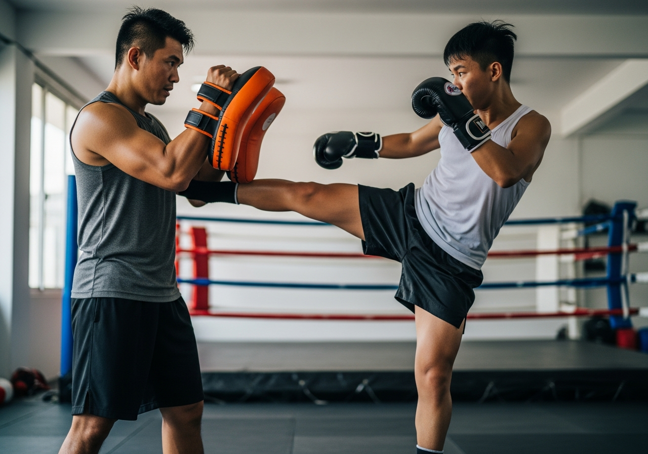 Muay Thai coach holding pads for student throwing roundhouse kick