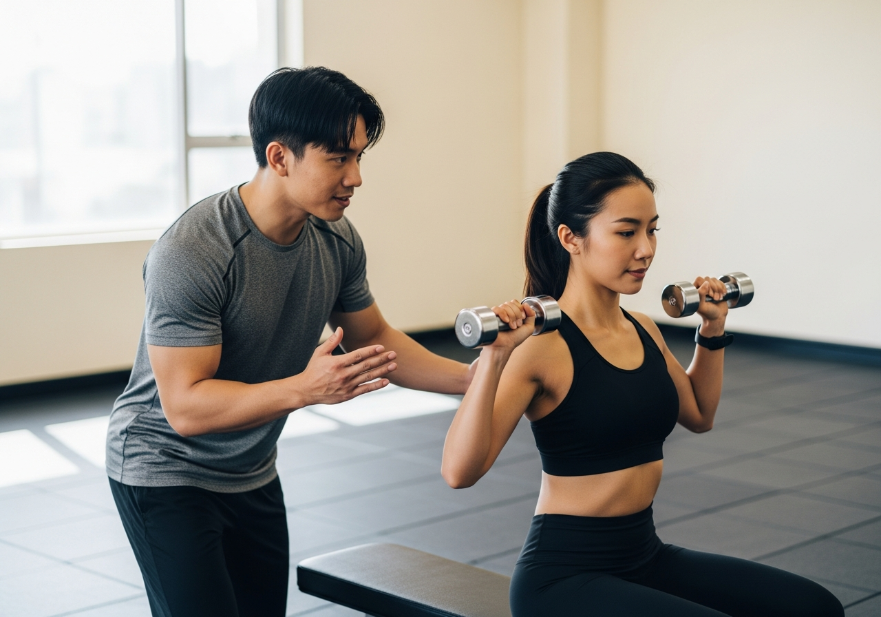 Fitcom personal trainer coaching dumbbell work